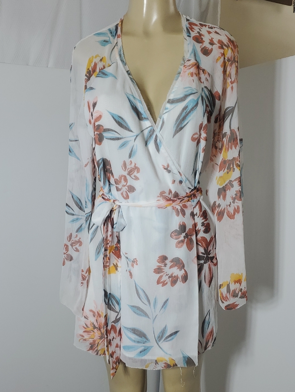 Tularosa Robin Floral Wrap Mini Dress in White and Pastel Print Size S